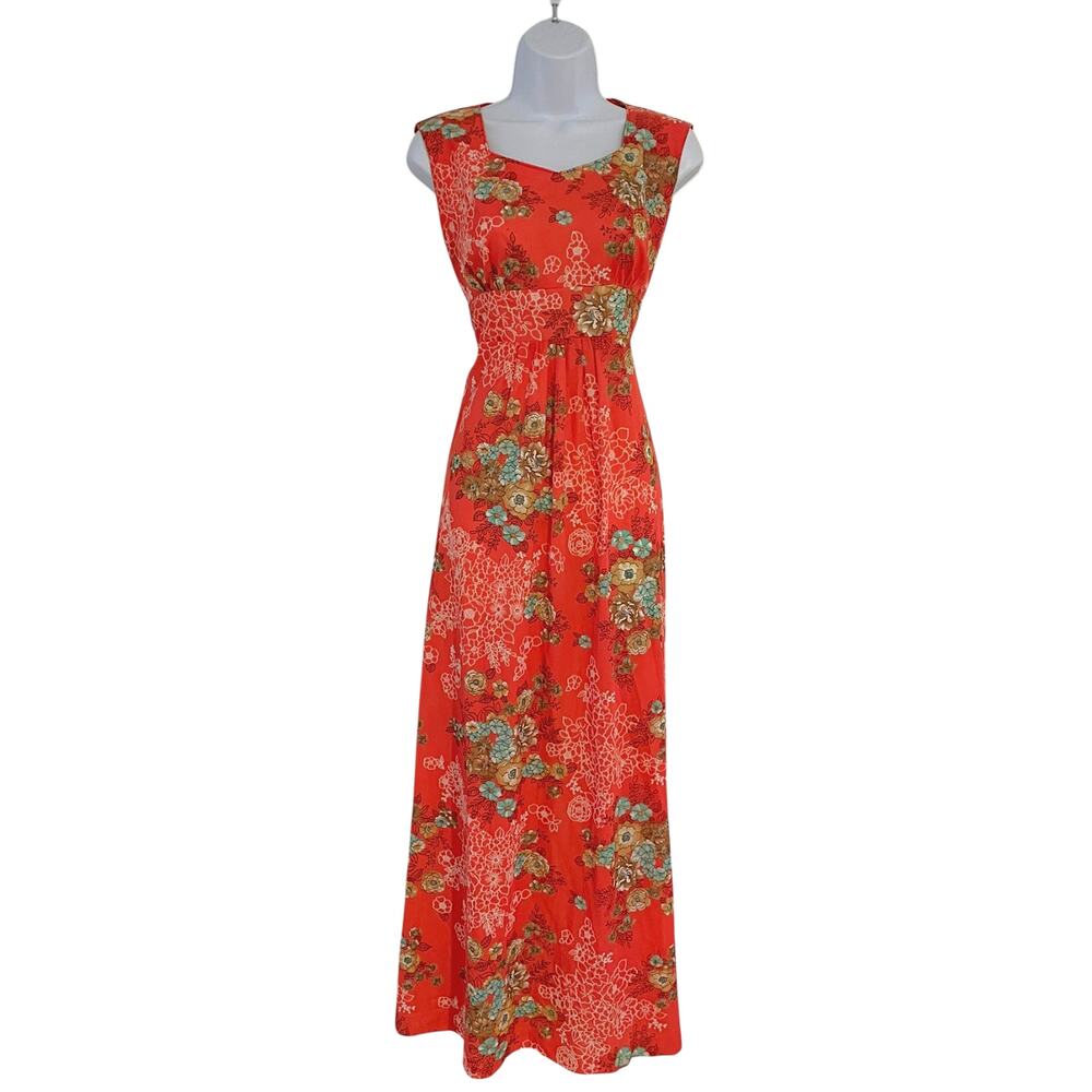 Vintage 70s Floral Asian Floral Hawaiian Maxi Dress Acetate Elara Knits Coral